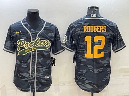 Men's Green Bay Packers #12 Aaron Rodgers Gray Gold Camo With Patch Cool Base Stitched Baseball Jersey